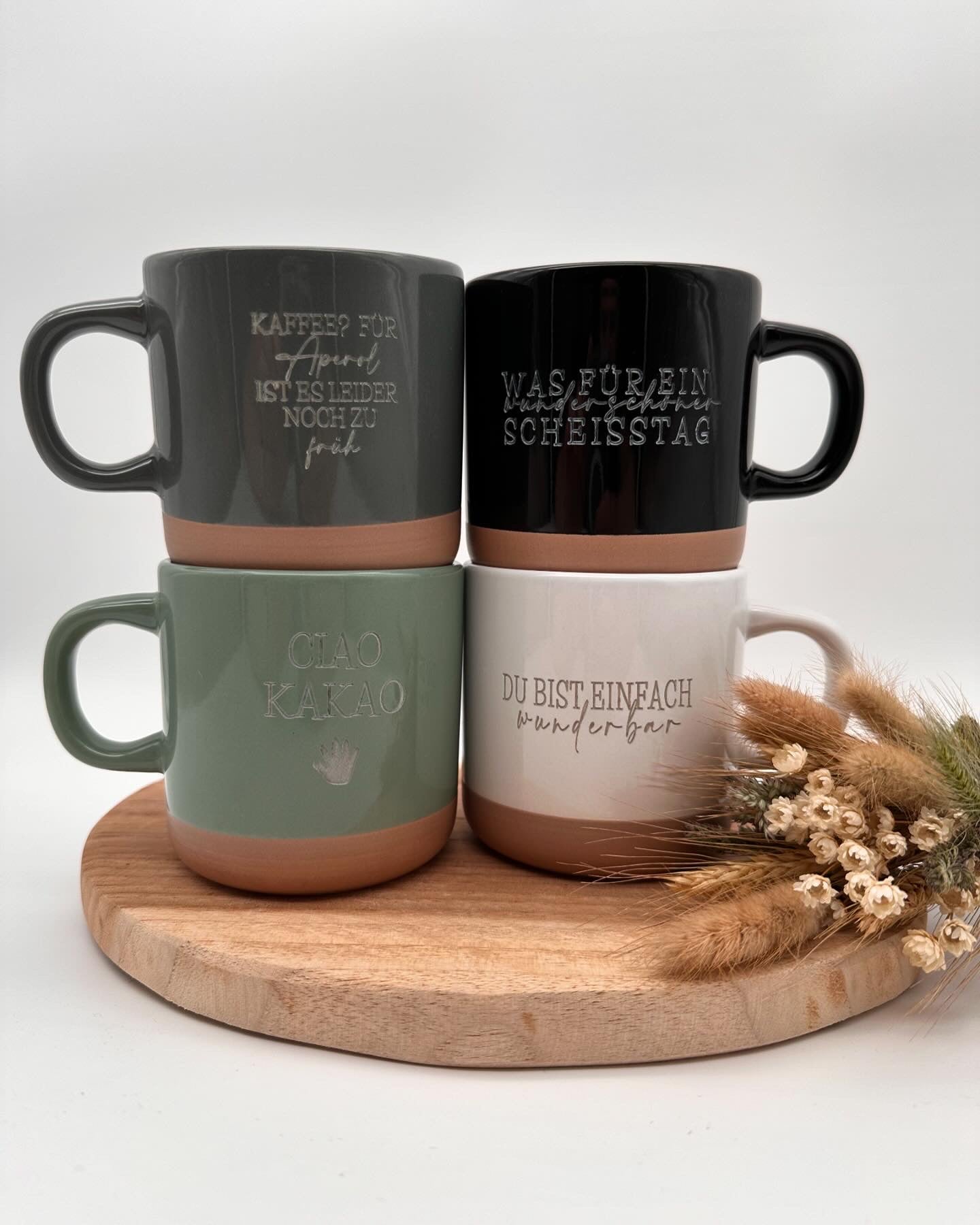Becher, Kaffeebecher, Tasse, Ciao Kakao, Becher mit Spruch, Was für ein wundervoller Scheisstag, personalisiert, Keramik, Aperol,vier Farben