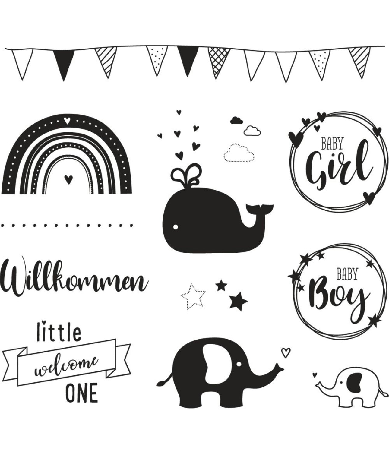 Clear Stamps Willkommen Baby, 12 Motive, Stempel, selbst Herstellen, Kartenherstellung, Kerzenherstellung, Geburt