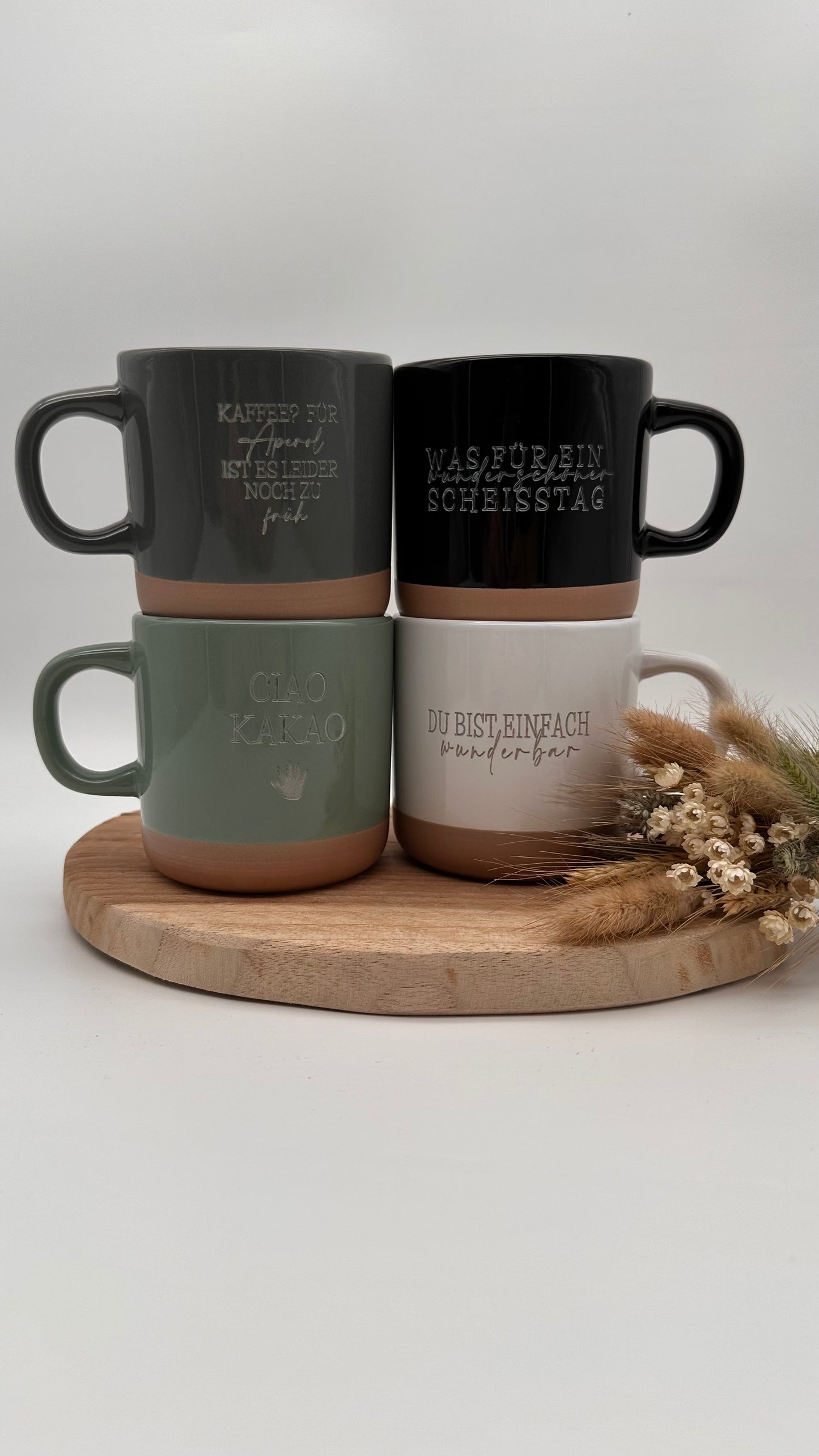 Becher, Kaffeebecher, Tasse, Ciao Kakao, Becher mit Spruch, Was für ein wundervoller Scheisstag, personalisiert, Keramik, Aperol,vier Farben