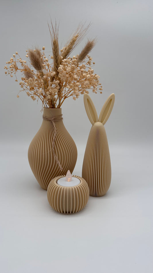 Moderner 3d Drucke. Osterhasen, Teelichtständer, Vase Design mit Rillen in verschiedenen Farben, 3d Druck, Nachhaltigkeit