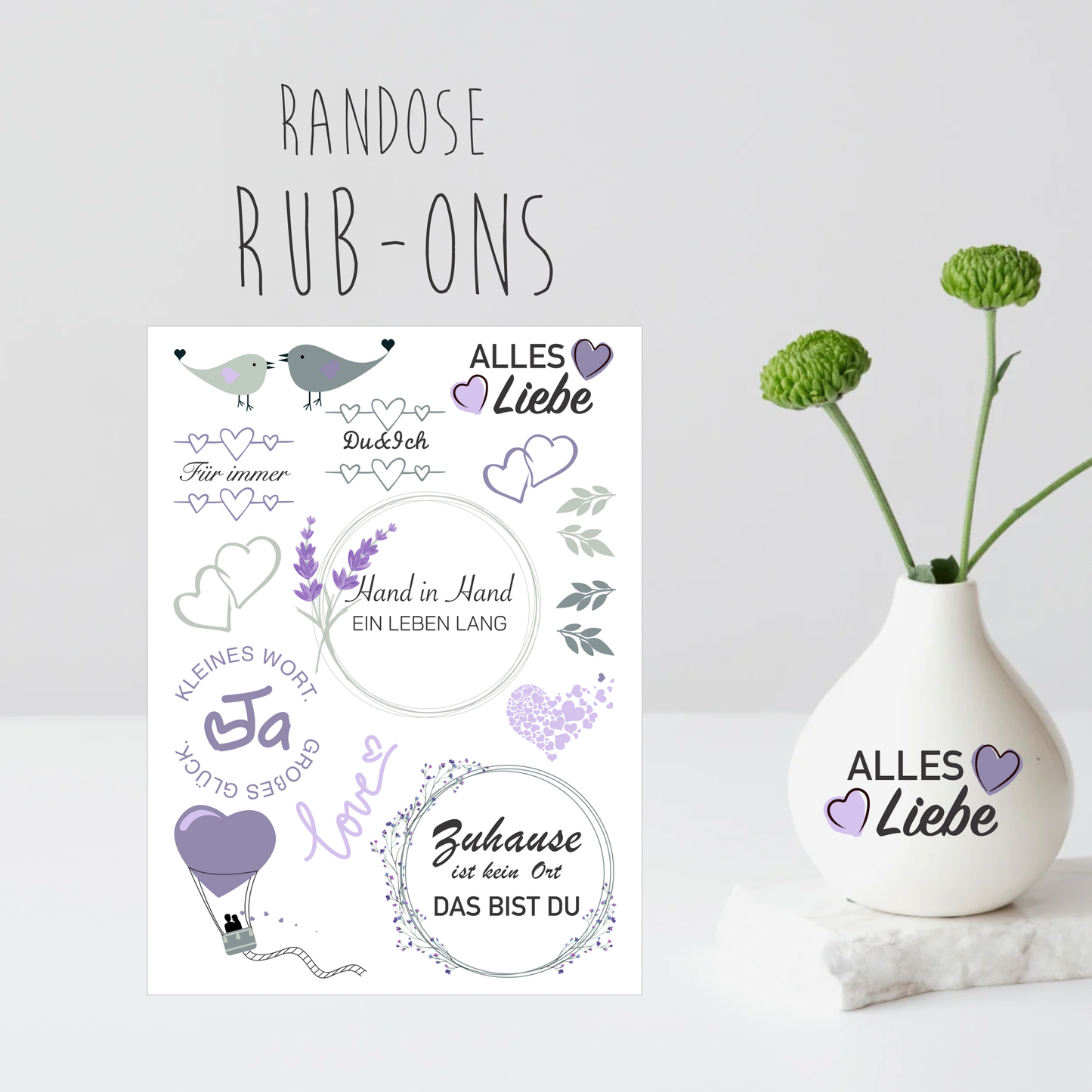 Rub-on Hochzeit, 4 Farben zur Auswahl, Rub-ons, UV Sticker, Aufkleber, blau, grün, rosa, lila, Randlos. Rub ons, Rubons