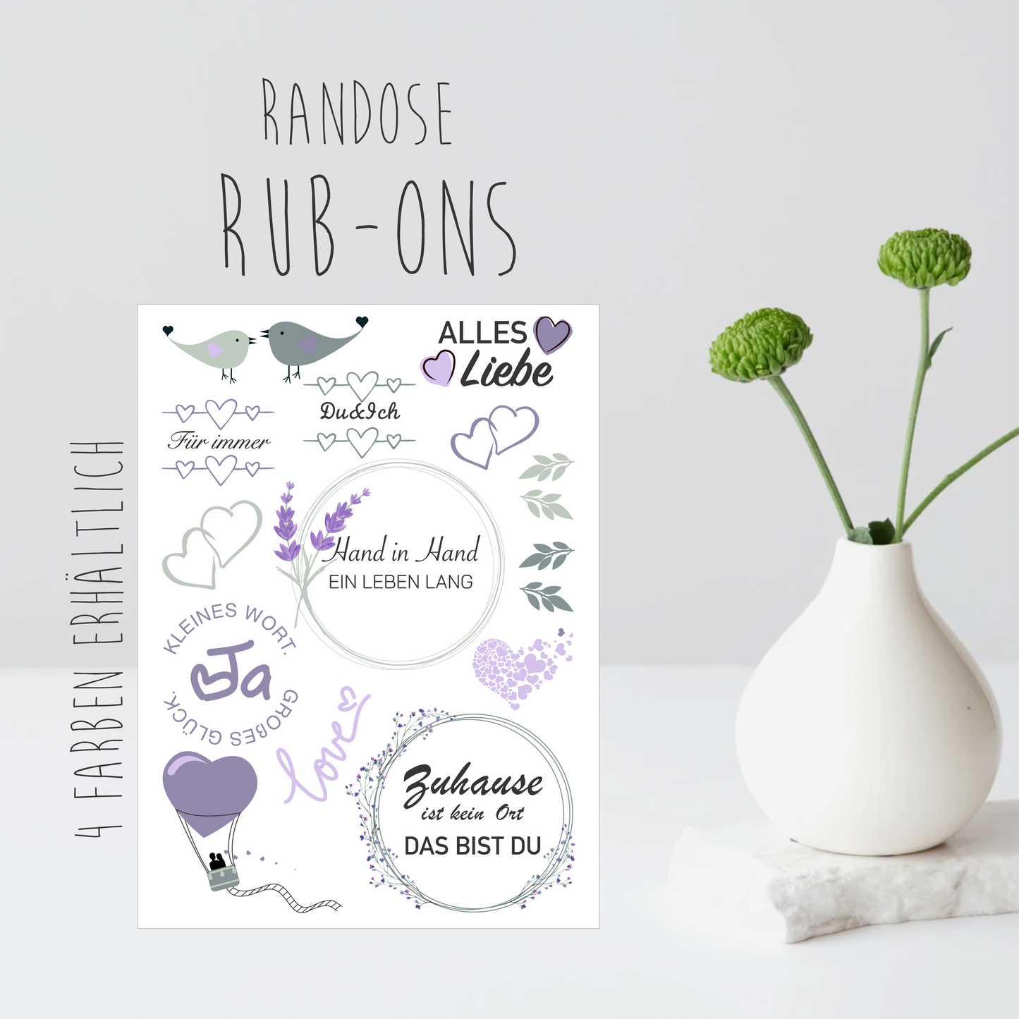 Rub-on Hochzeit, 4 Farben zur Auswahl, Rub-ons, UV Sticker, Aufkleber, blau, grün, rosa, lila, Randlos. Rub ons, Rubons