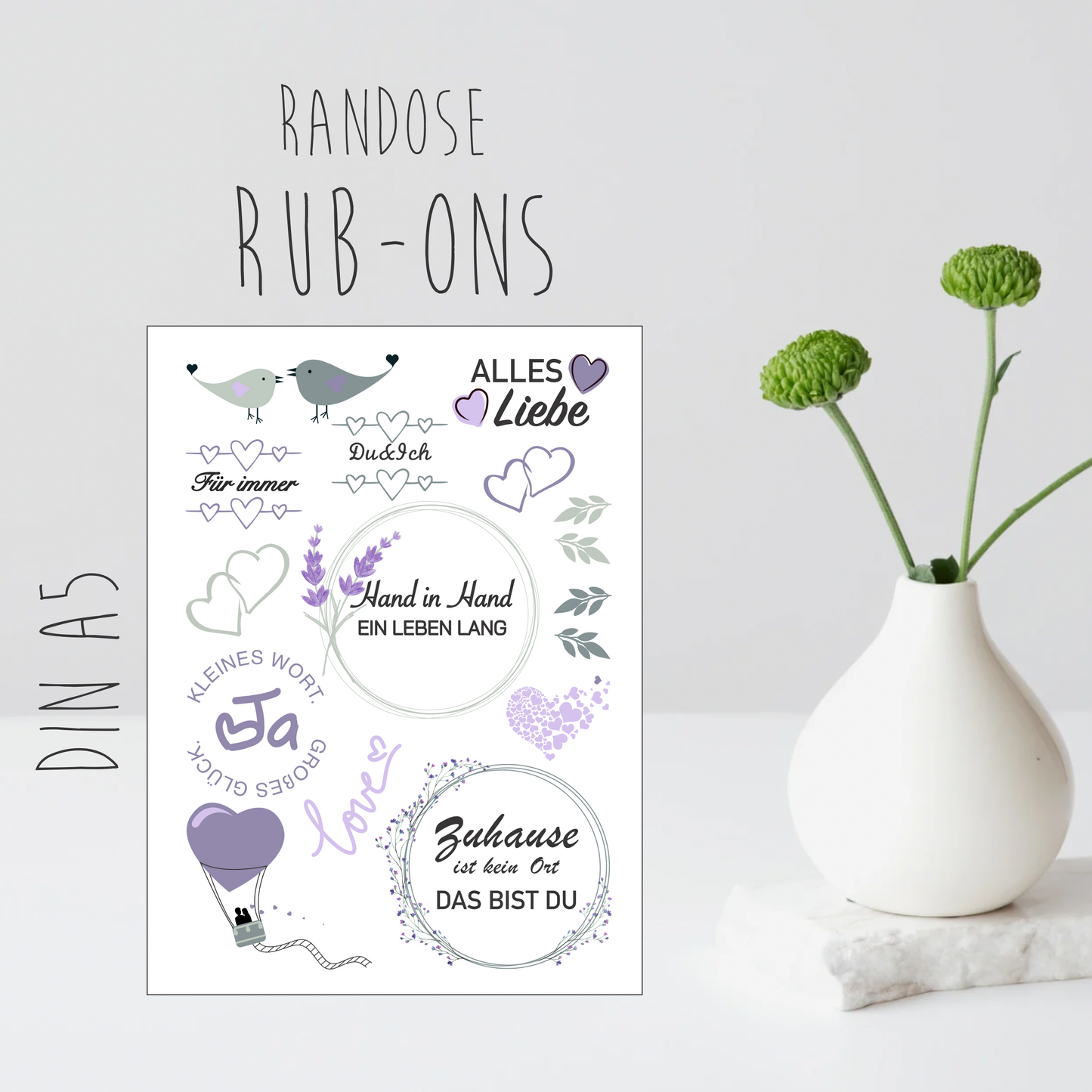 Rub-on Hochzeit, 4 Farben zur Auswahl, Rub-ons, UV Sticker, Aufkleber, blau, grün, rosa, lila, Randlos. Rub ons, Rubons